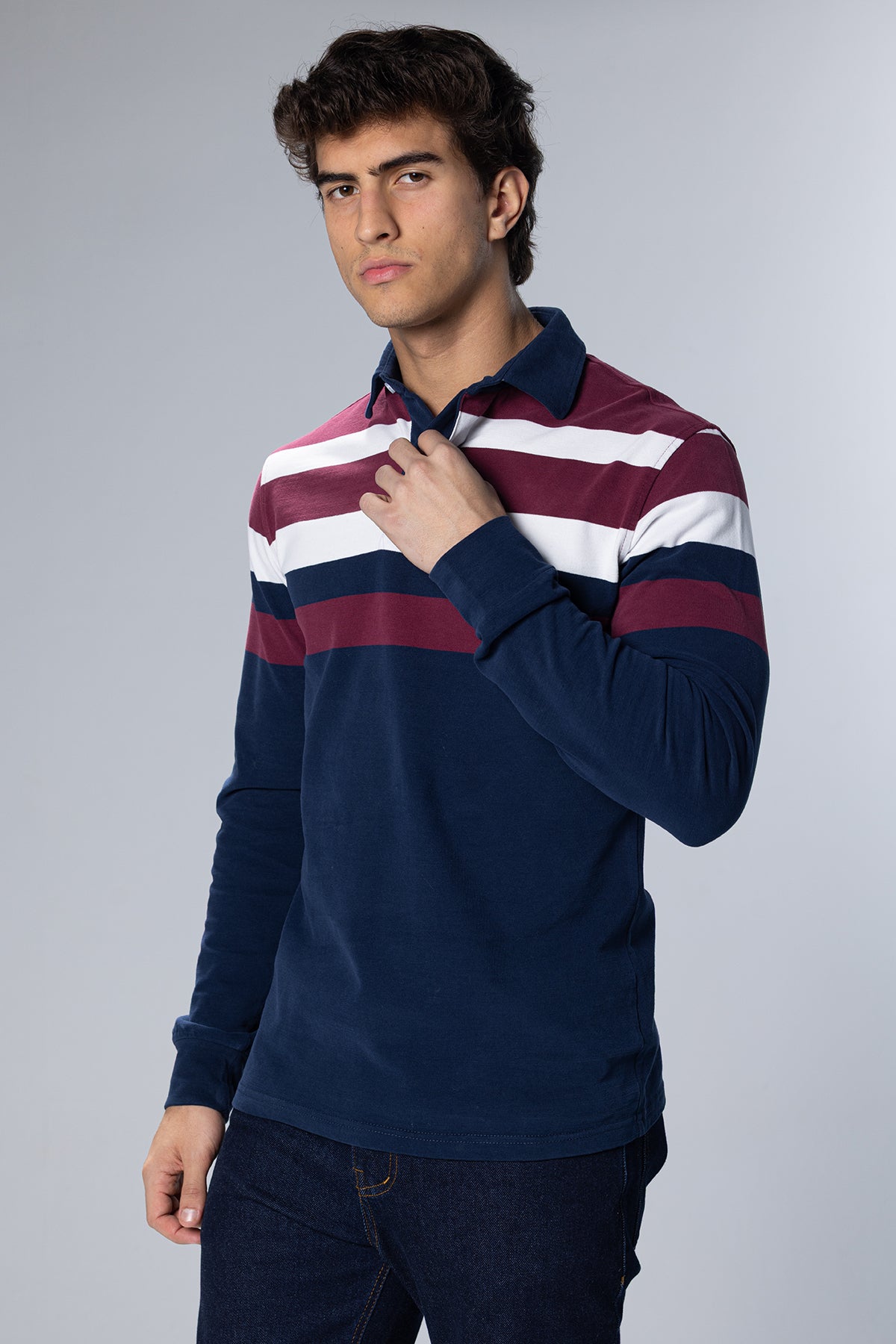 Striped Long-Sleeve Cotton Polo Shirt – Navy – Navy – image 5