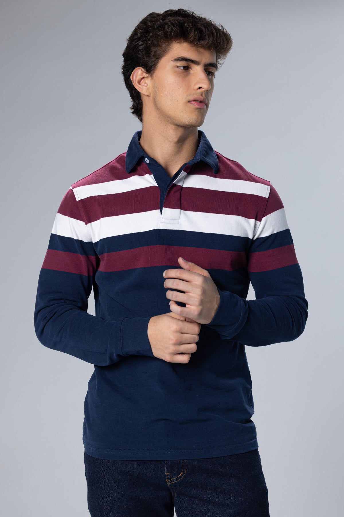 Striped Long-Sleeve Cotton Polo Shirt – Navy – Navy – image 6